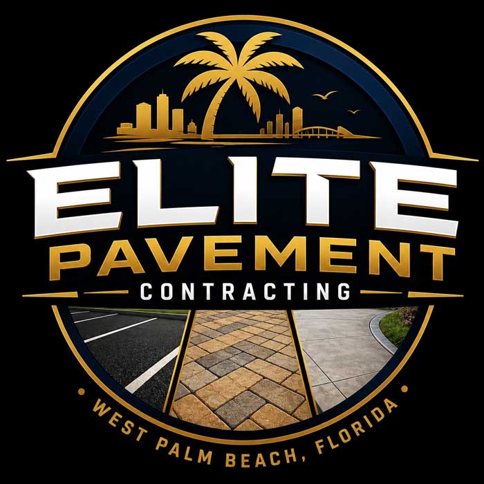 Logo for Elite Pavement Contracting with a palm tree, city skyline, and roads; West Palm Beach, Florida.