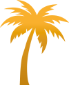 Orange silhouette of a palm tree with curved trunk and wide leaves on a light background.